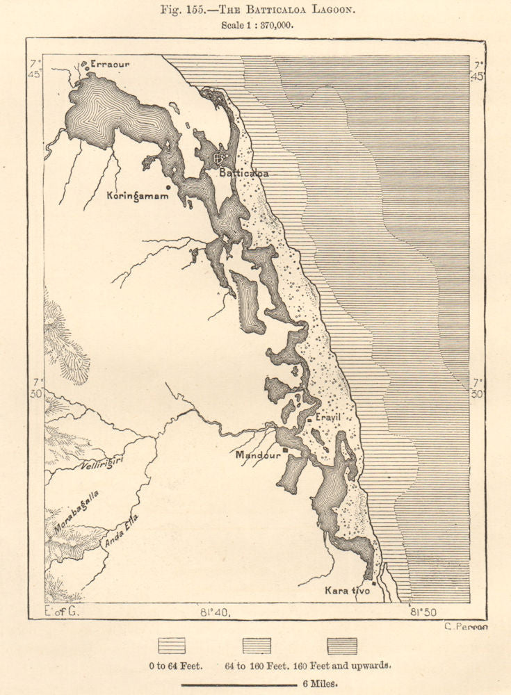 The Batticaloa Lagoon. Sri Lanka. Sketch map 1885 old antique plan chart